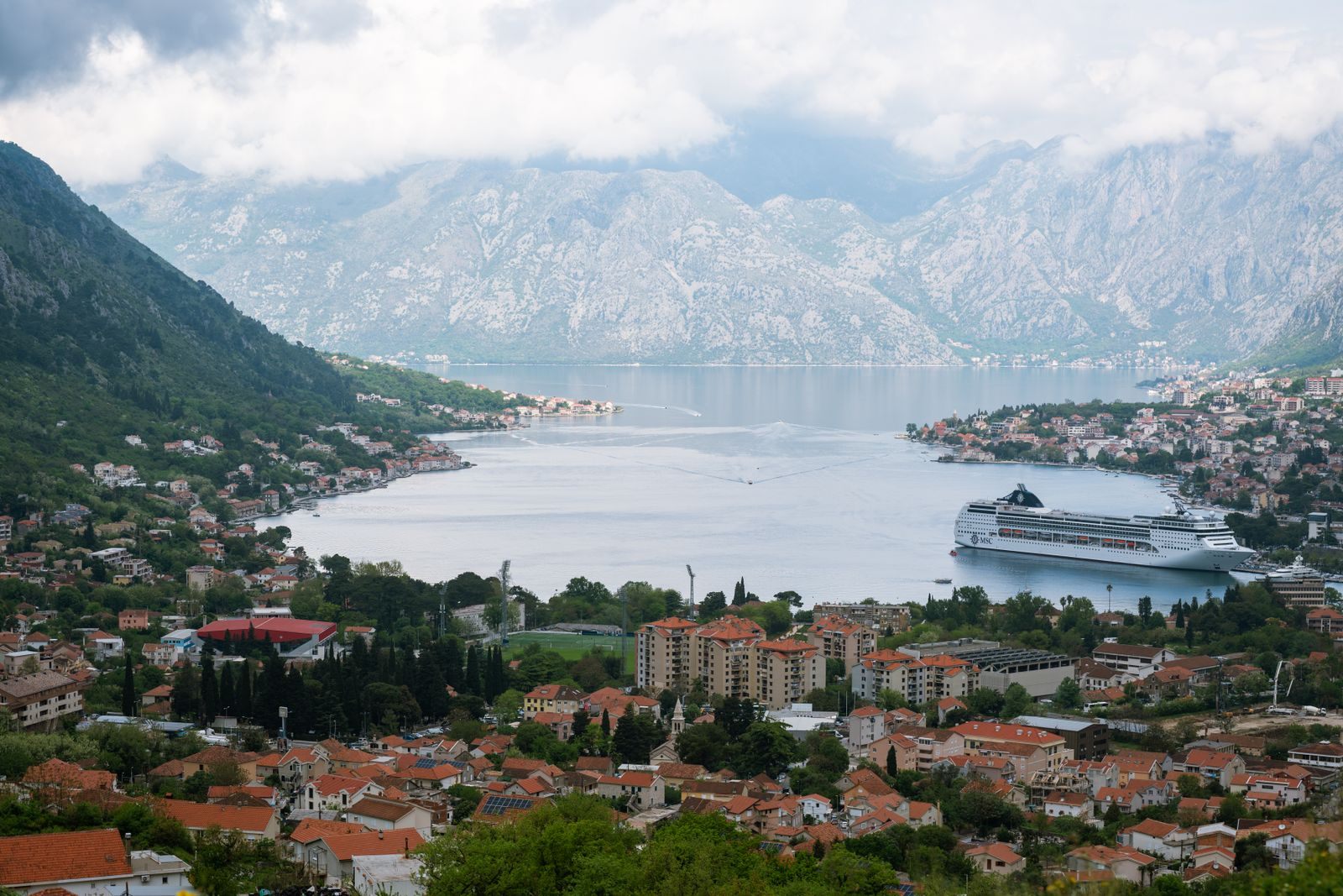 A cruise ship anchored in the Bay of Kotor, Montenegro, below mountains and a red-roofed town